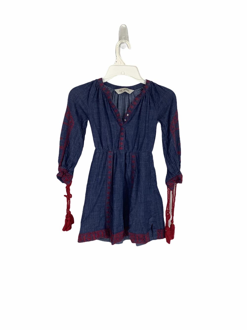 Jak & Peppar Denim Embroidered Tassel Tie Dress
